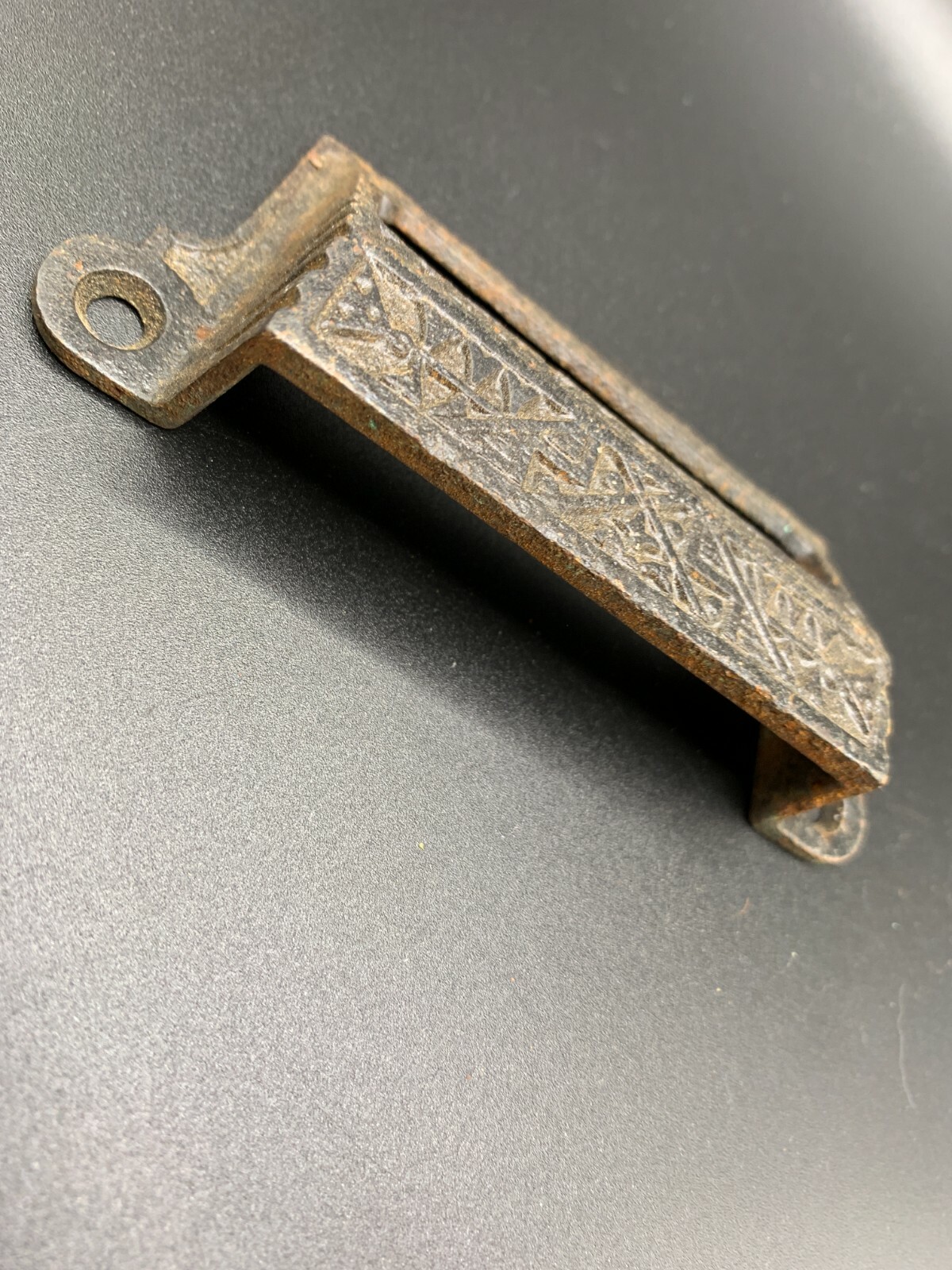 Antique Ornate Eastlake rectangular drawer handle pull with window cast Brass