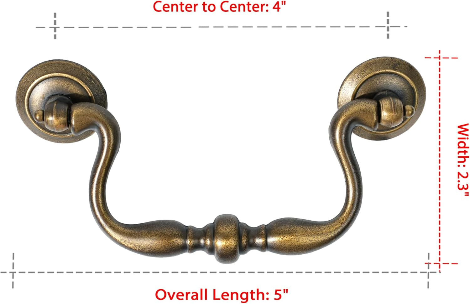 Antique Brass Drop Bail Drawer Pulls 4 Pack, 4 Inch Hole Center, Vintage Cabinet