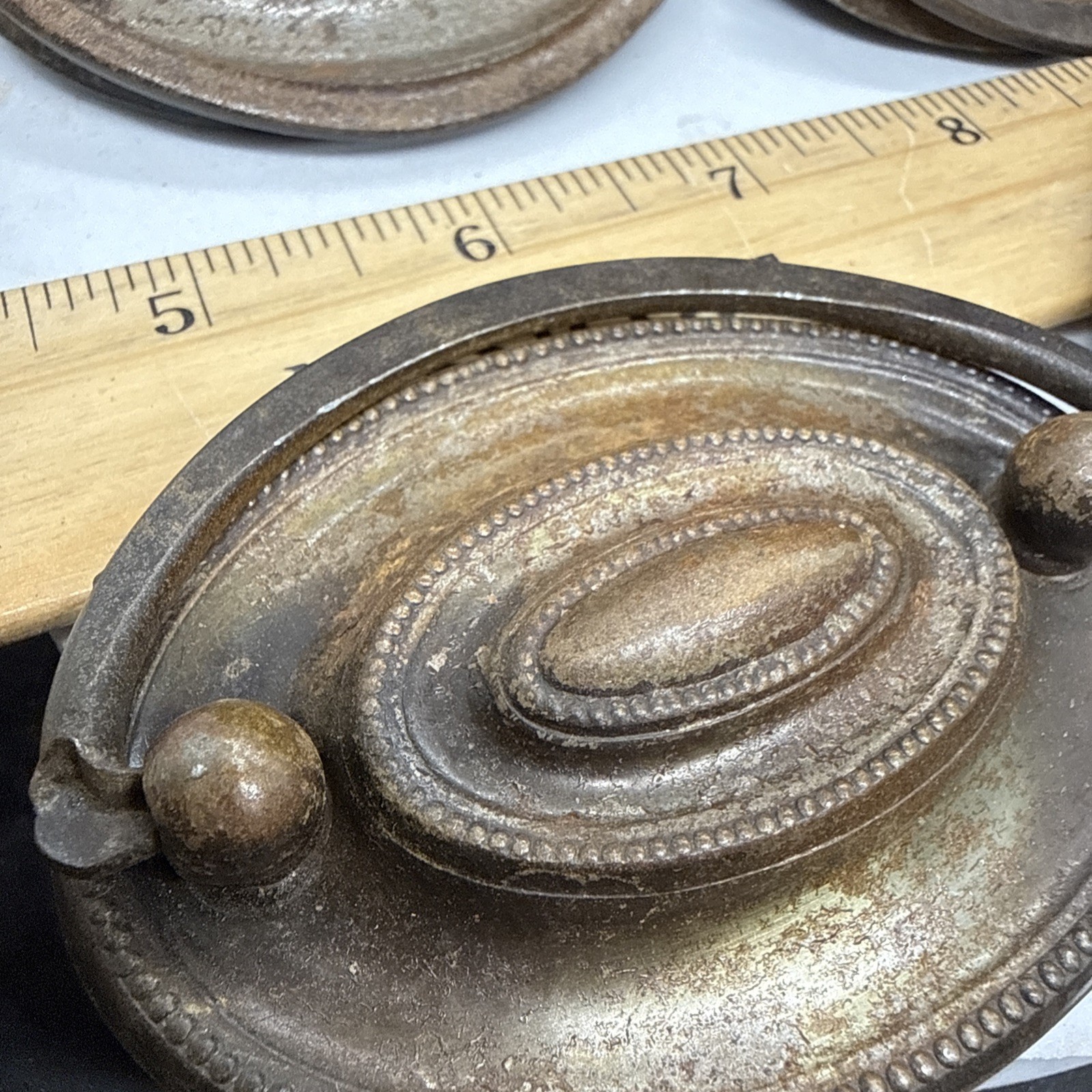 Vintage Pull Antique Brass finish Bail Drawer Pull Oval Drop 2-1/2″ center.