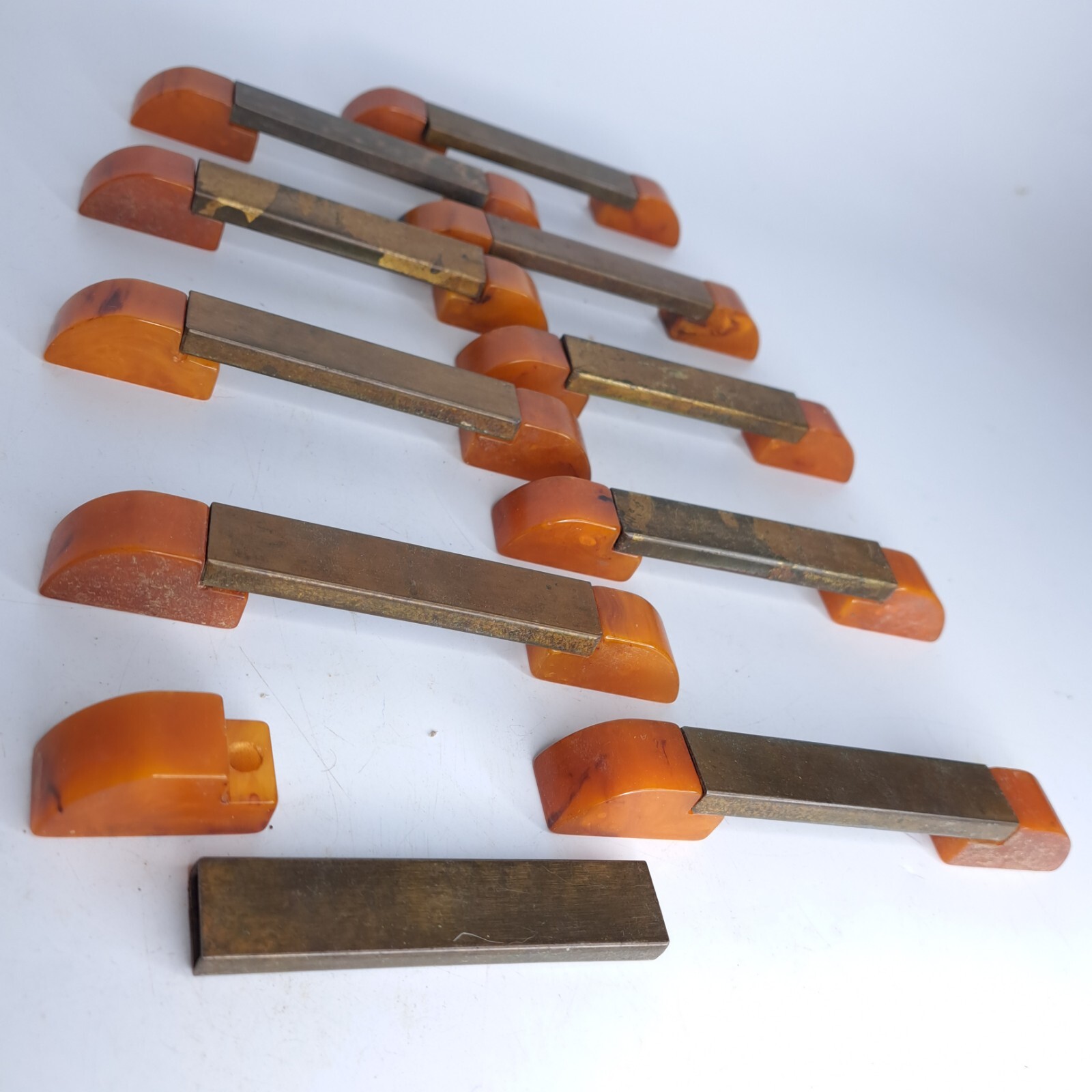 9 Antique ART DECO Butterscotch Bakelite Brass Plated Bar Drawer Pulls Reclaimed