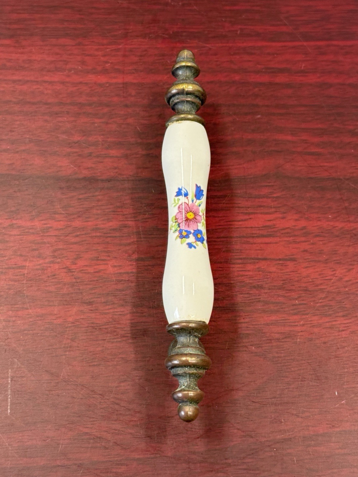 Drawer Pull Handle 1960s Floral on Beige Porcelain w Brass Ends 3″ Centers 2ea