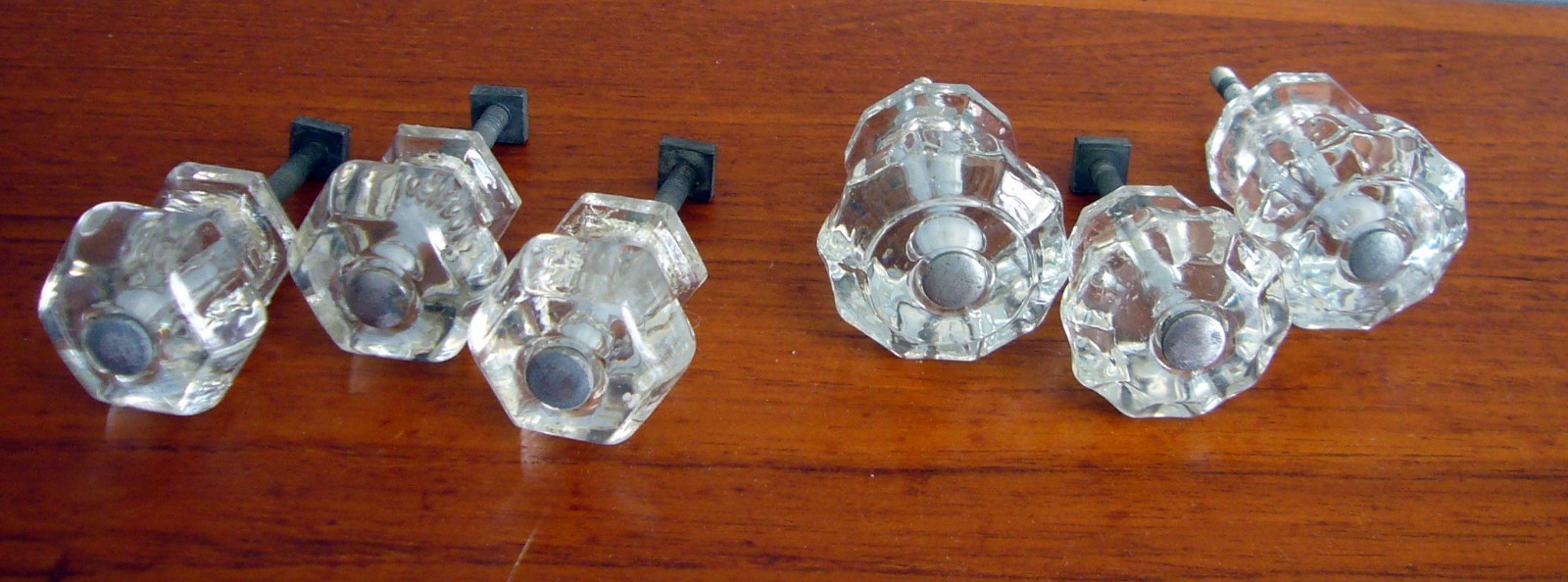 6 Vtg Depression Style mix Hexagon Flower Clear Glass Drawer Cabinet Knob Pulls