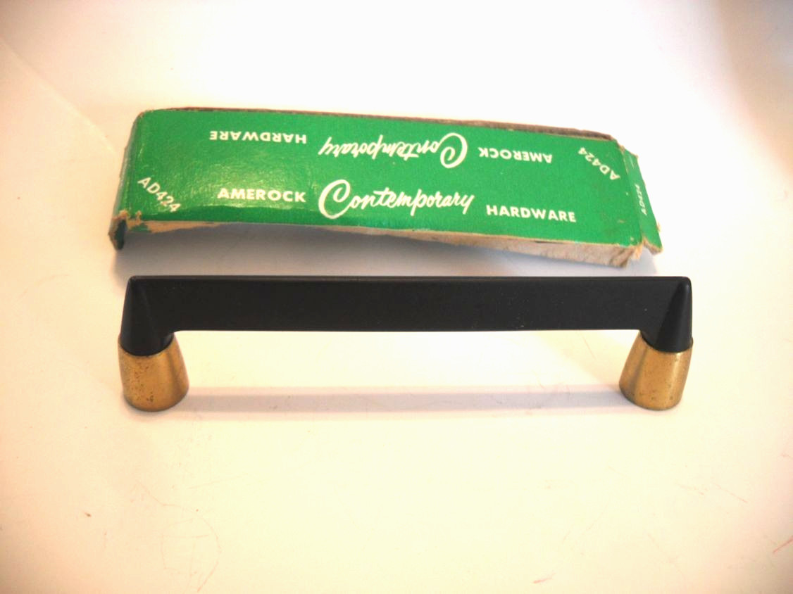 Vintage Nos Ebony Satin Black Drawer Pull w Brass Trim Bases Cabinet Door Handle