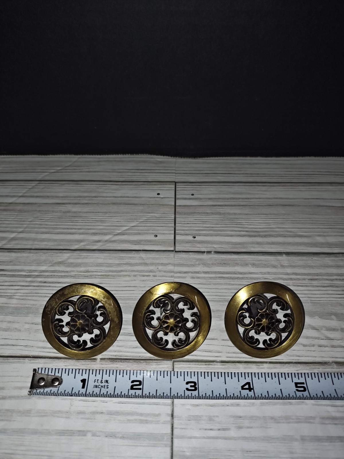 Vintage Drawer Pulls Cabinet Knobs Brass Tone Floral Round Circle AJAX USA