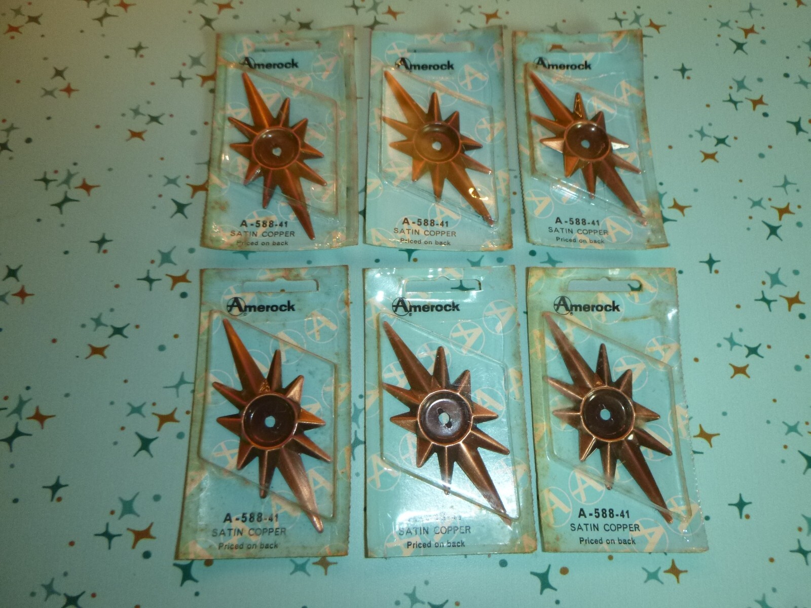 6 NOS Vtg Mid Century Amerock Starburst Backplates Satin Copper Cabinet Hardware