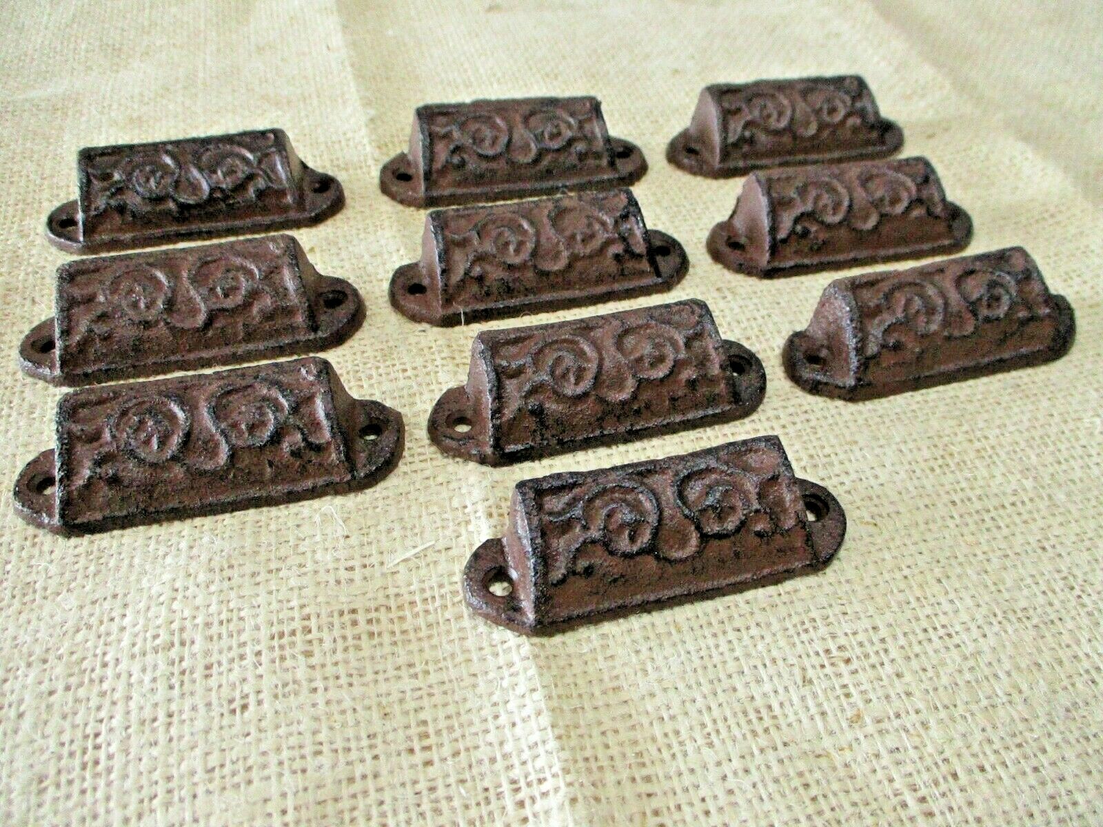 10 CAST IRON BROWN ORNATE PULLS DRAWER CABINET BIN HANDLES RUSTIC VINTAGE ORNATE
