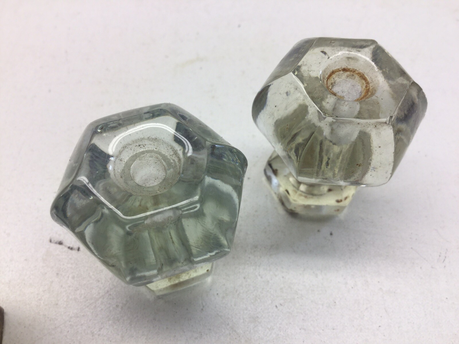 3 Vintage Hexagon Glass Knob Drawer Pulls One Etched