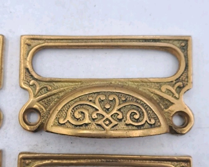 Card Label Bin Pulls Drawer Pull Handle Cast Brass Antique Reproduction Set of 6