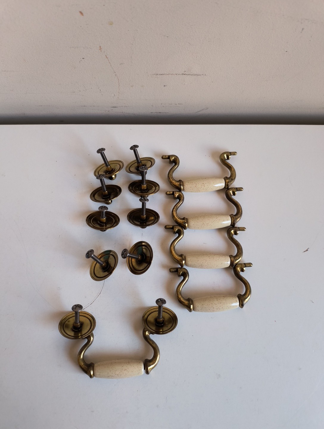 Vintage Brass & White Ceramic Drawer Pulls Traditional French Style Handles (5)