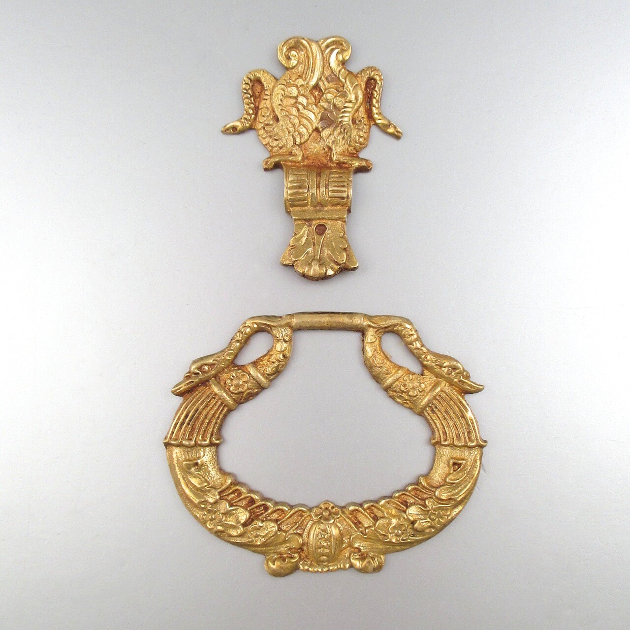 Antique French Gilded Bronze Drawer Pull Ornament, Empire Style, Swan Cornucopia