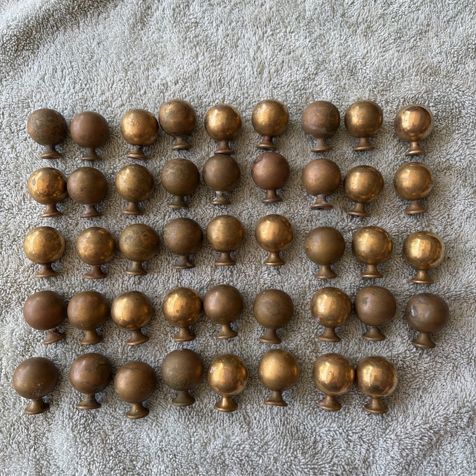 44 Brass Drawer One Inch Pulls, Round Cannon Ball Style Nice Patina!