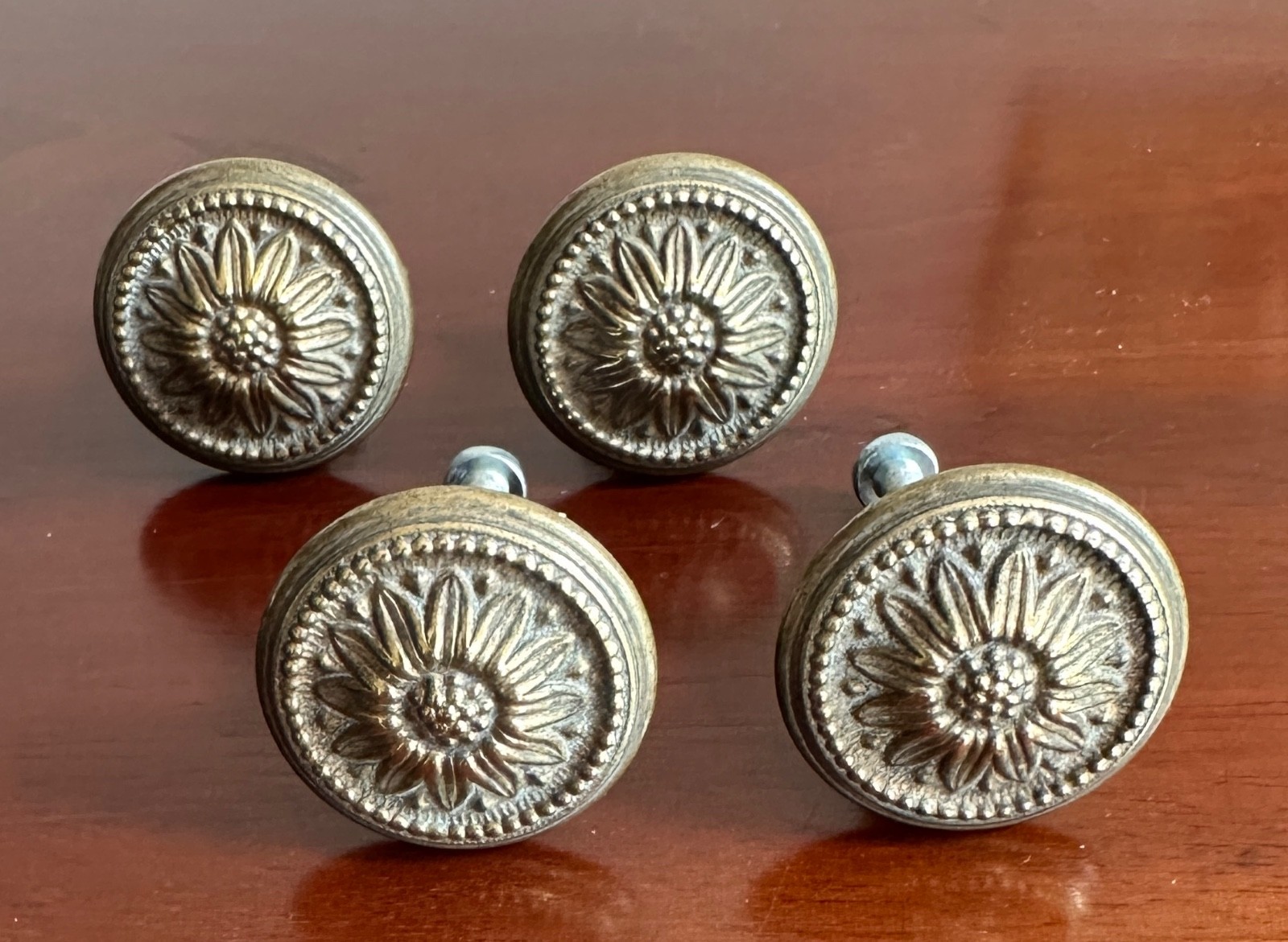 4 Vintage Solid Brass Dresser Drawer Round Pulls Knobs SUNFLOWER Center 1 1/4″