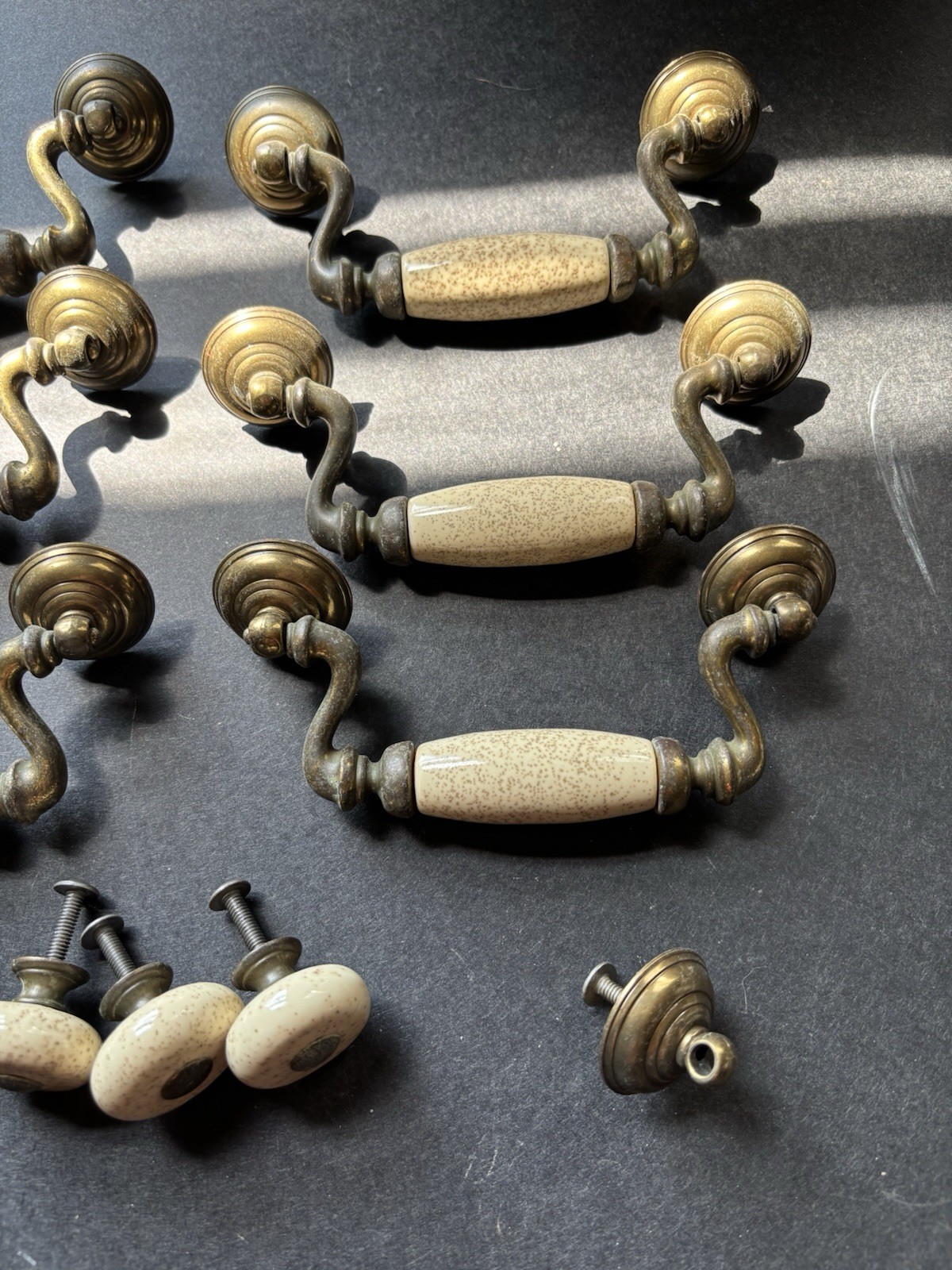 Brass And Porcelain Drawer Handles 4 1/2 Inch 6 Handles 3 Knobs Vintage Pulls
