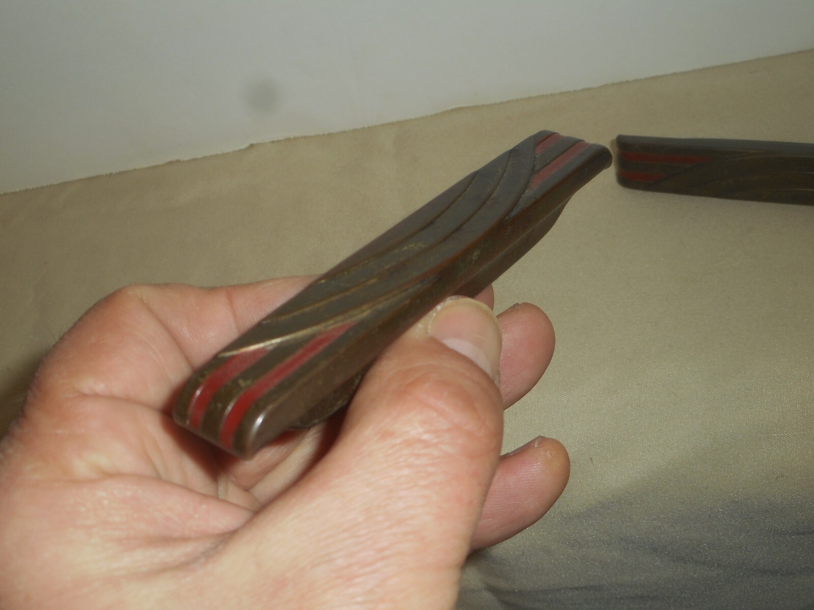 Antique ART DECO Dresser Drawer Pulls Pressed Metal WATERFALL ARCHES Red Paint 4