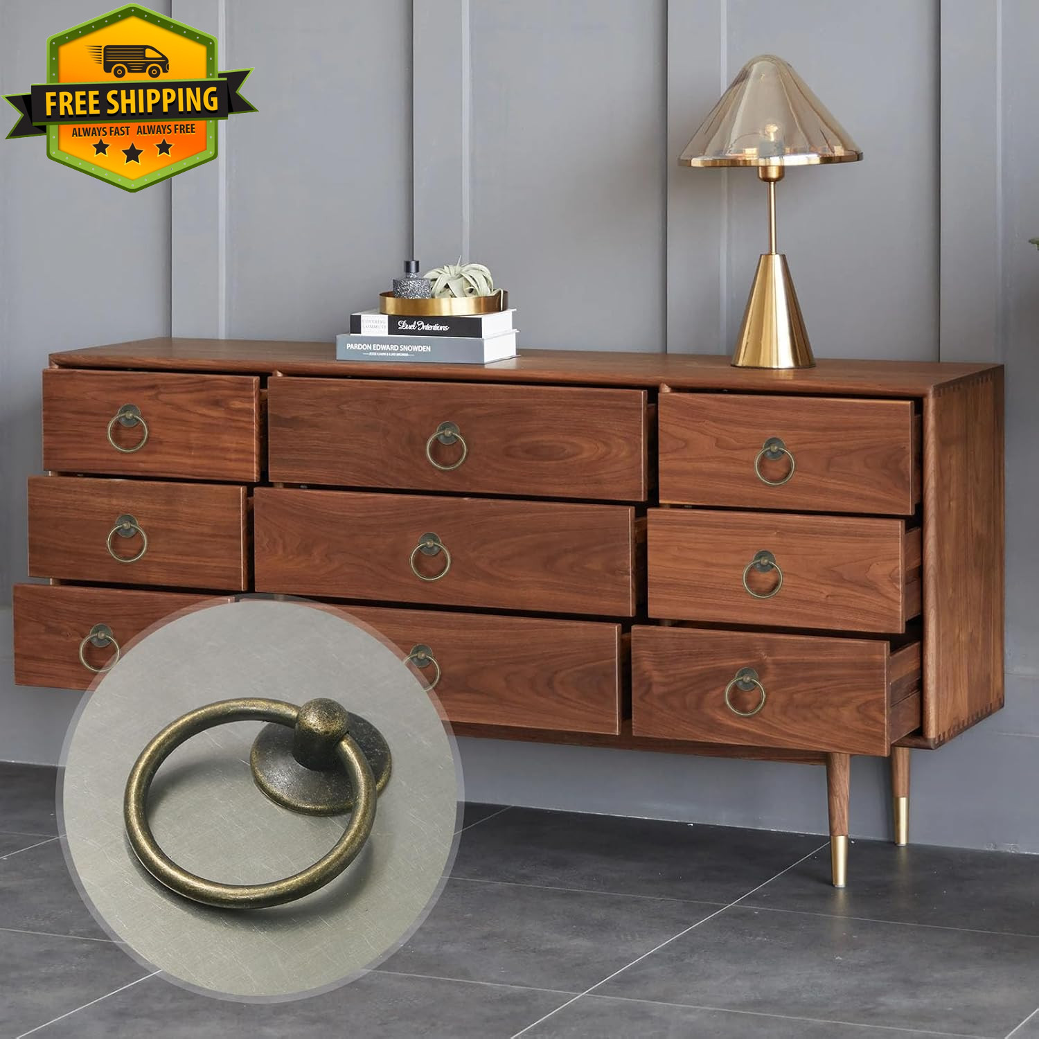 Antique Brass Drop Ring Drawer Pulls Vintage Cabinet Handles 6Pcs 1-3 4 Inch
