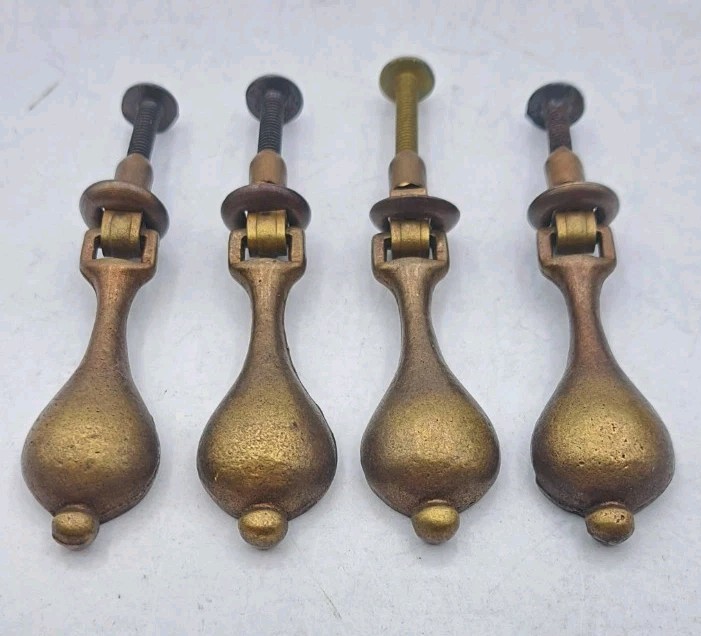 Antique Drop Pull Drawer Door Dresser Handle Old Vintage Brass Hardware Lot of 4