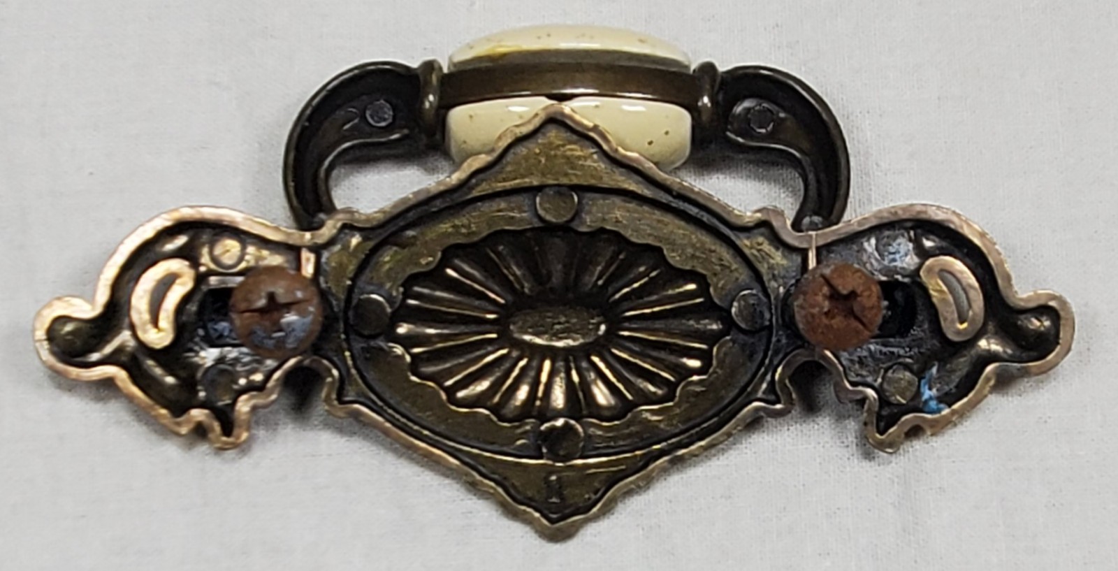 Vintage Brass Drawer Pull With Beige Ceramic Center Bead 2 1/4″ OC