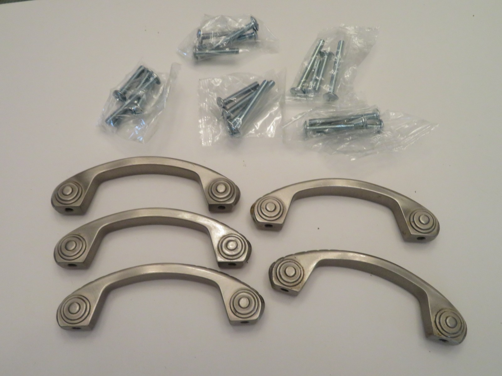 (5) Satin Nicke Cabinet/Drawer Hardware Satin Nickel Handle Pulls + Hardware