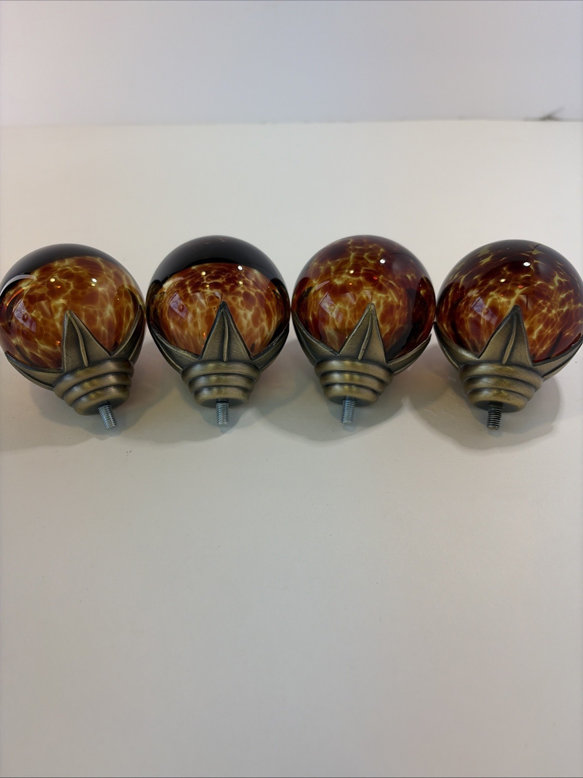 4 Vtg Spotted Amber Glass Tortoise Shell Brass Door Knob Drawer Pull Finial