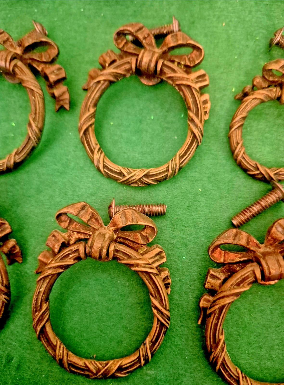 Antique Ribbon And Bow Ornate Bronze Brass Drawer Pull Rings 12 Set Art Nouveau!