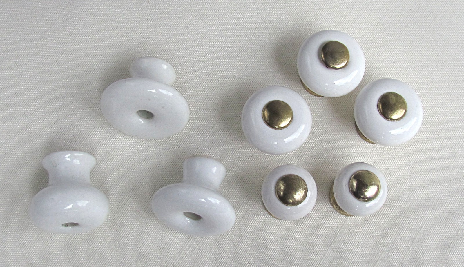 Vintage Mixed Lot of 8 White Porcelain Drawer Pulls Knobs 5 w/ Gold Inserts
