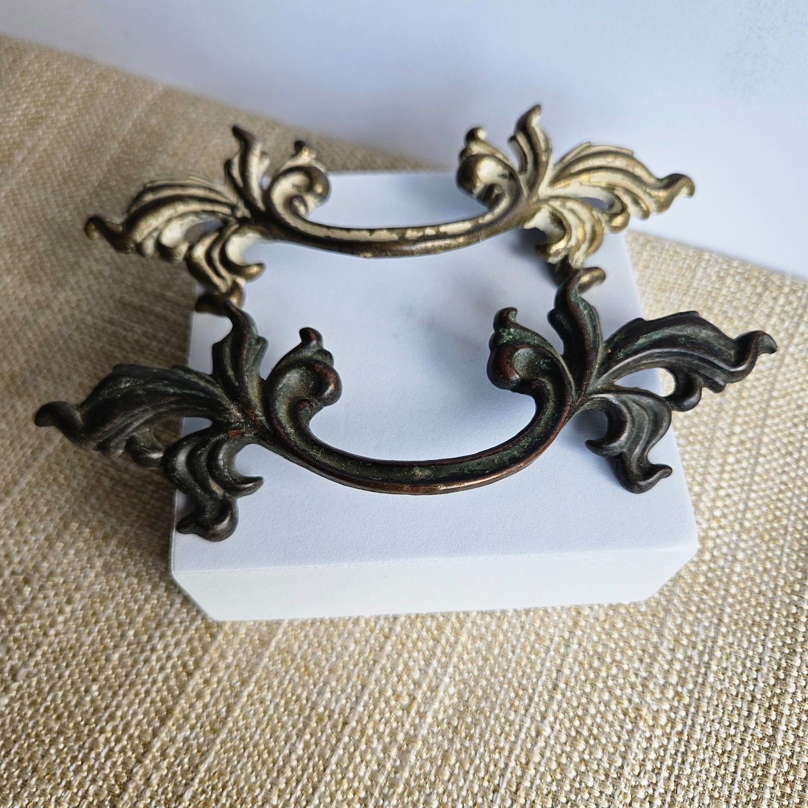 French Provincial Bail Drop Drawer Pulls Pair Antique Brass Patina Ornate M1676
