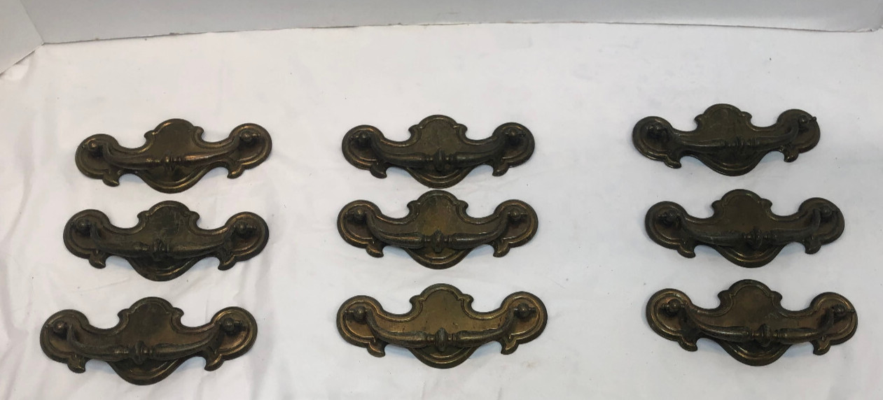 9 Vintage Drop Bail Drawer Pulls Golden Brass Screws Model