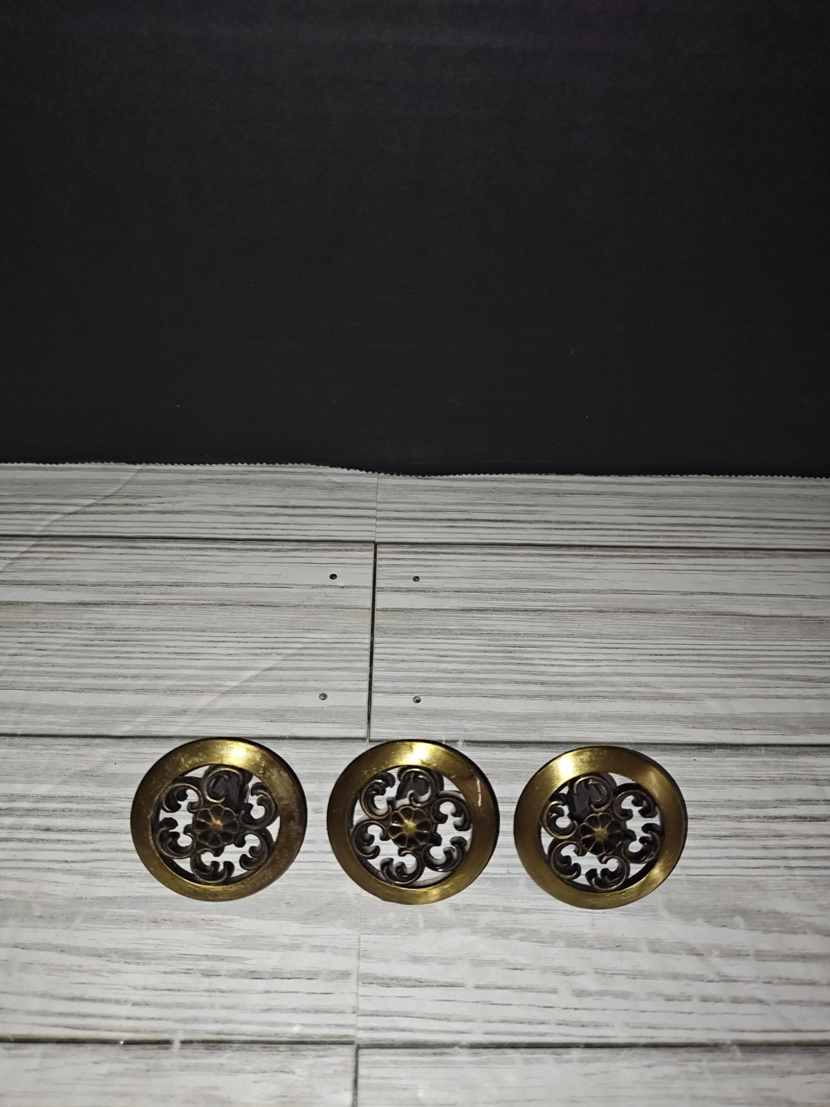 Vintage Drawer Pulls Cabinet Knobs Brass Tone Floral Round Circle AJAX USA