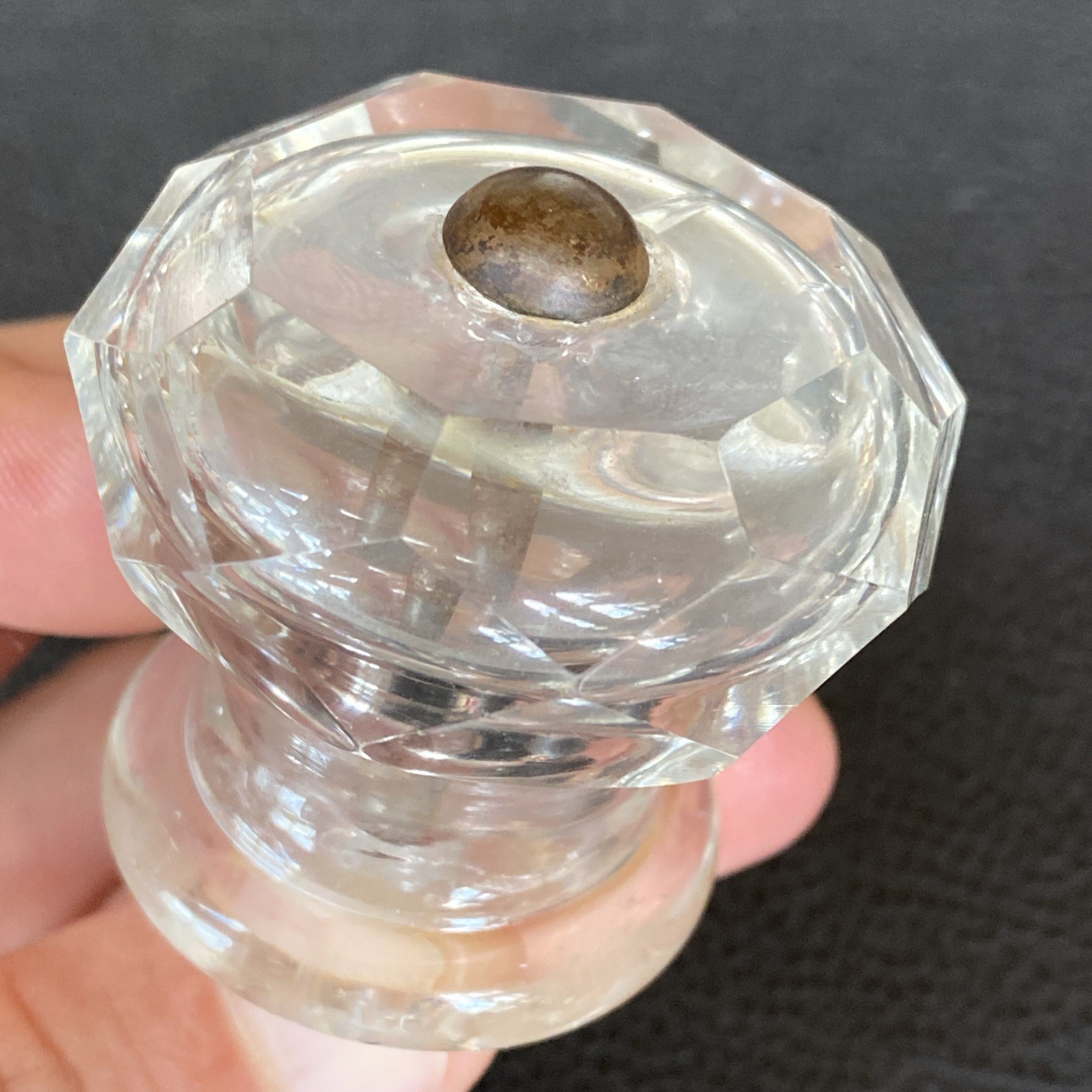 Faceted 1.75”x1-5/8” Antique Pressed Clear Glass Sandwich Drawer Pull Post Bolt