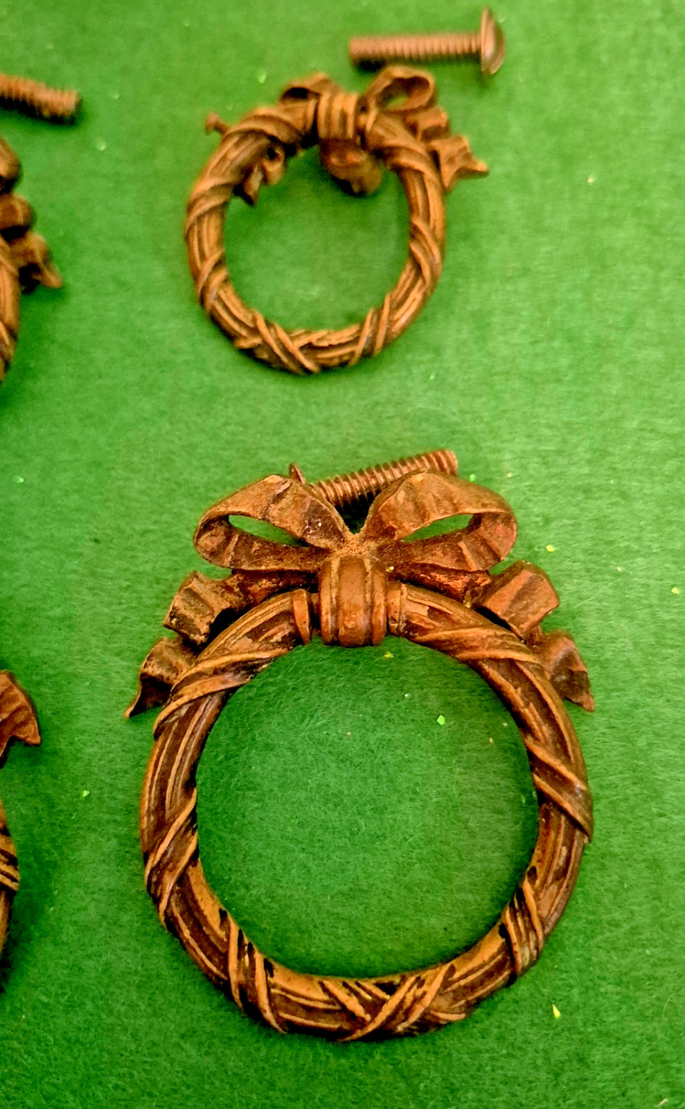 Antique Ribbon And Bow Ornate Bronze Brass Drawer Pull Rings 12 Set Art Nouveau!