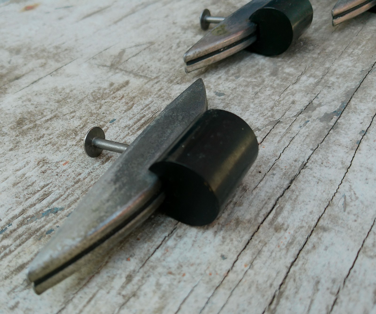 Set of 3 Vintage Metal Black Bakelite? Drawer Pulls Deco MCM