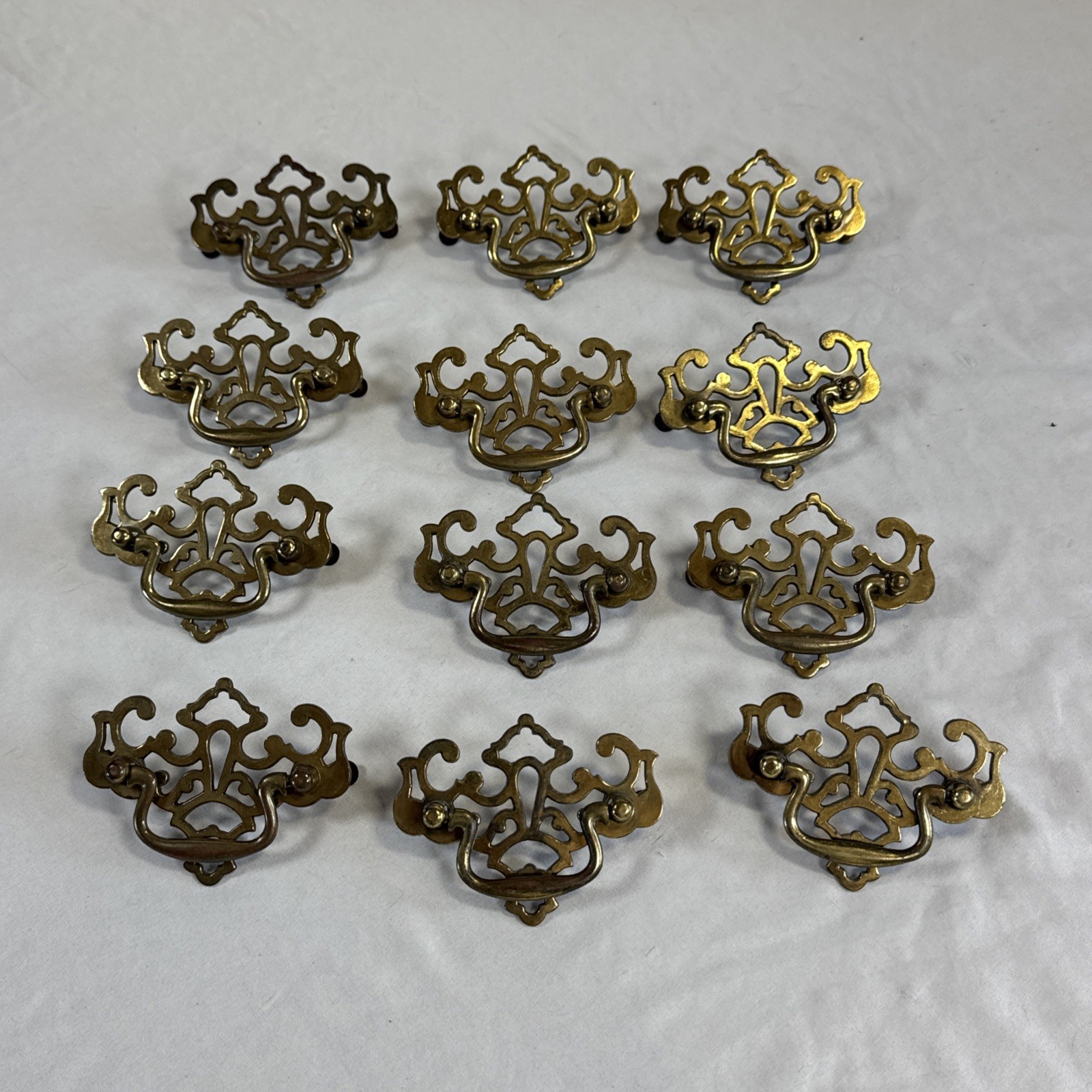 Lot of 12 Vintage Chippendale Style Drawer Drop Bail Pull Handle Brass Cont. B