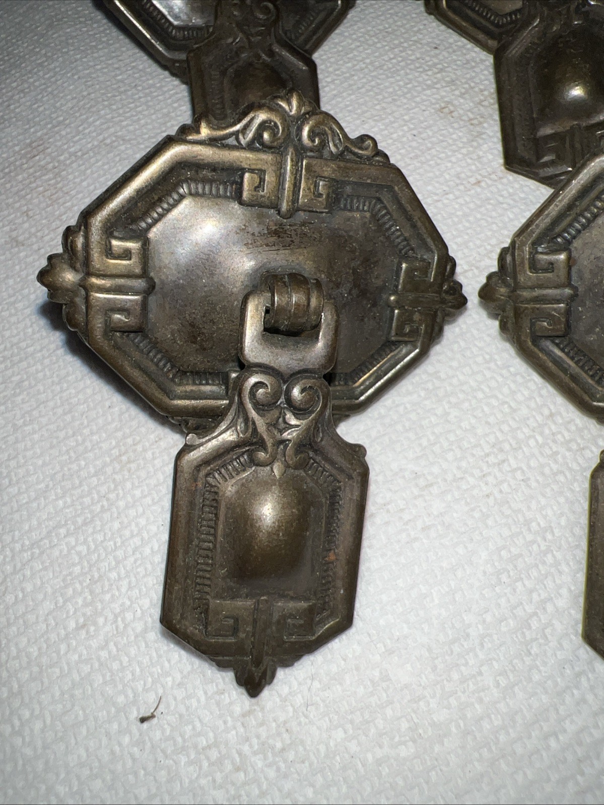 4 VTG Brass Drawer Pulls Set Greek Key Art Deco Revival Cabinet Hardware