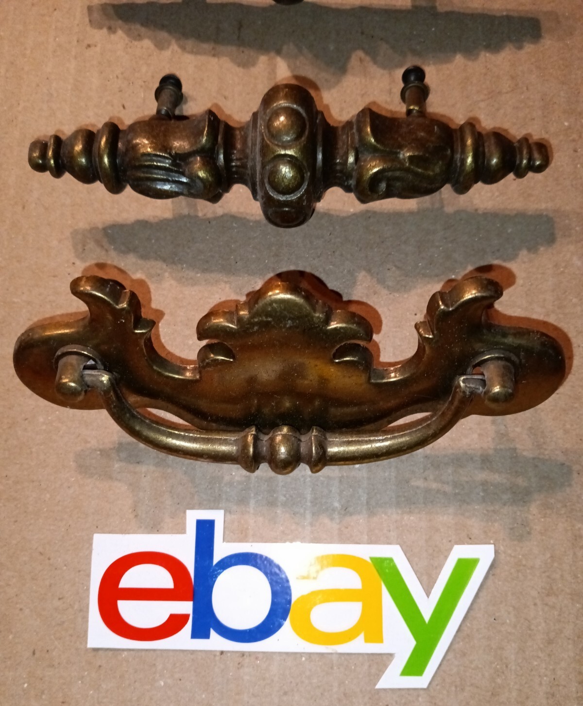 3 VINTAGE ANTIQUE LARGE BRASS DRAWER PULLS 5 1/2″ & 6″ R32372 EXCELLENT