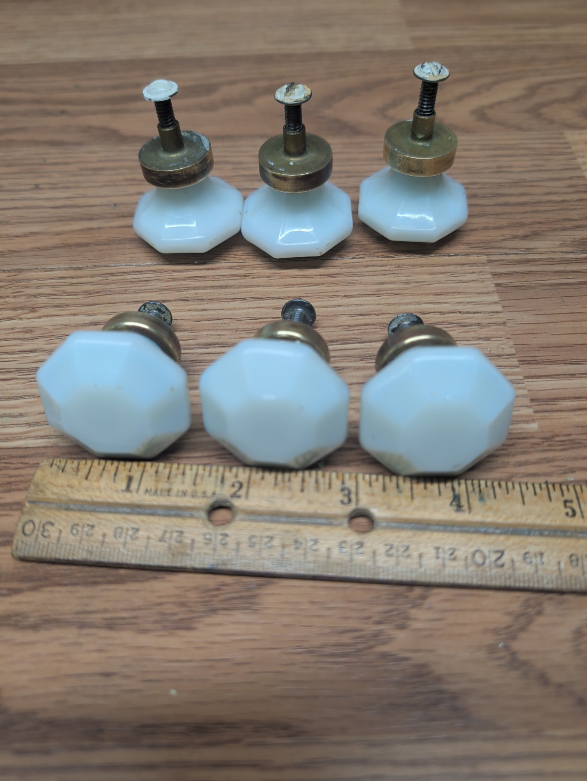 Vintage Dental Medical Cabinet Milk Glass Drawer Knob Pulls Hex Shape W/Hardware