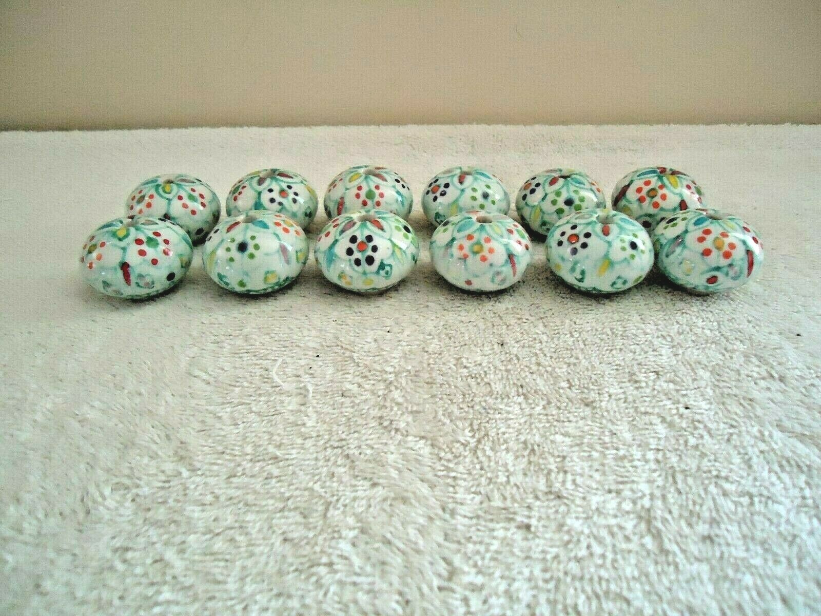 Vintage Set Of 12 Round Ceramic Floral Themed Drawer Pulls With Hardware
