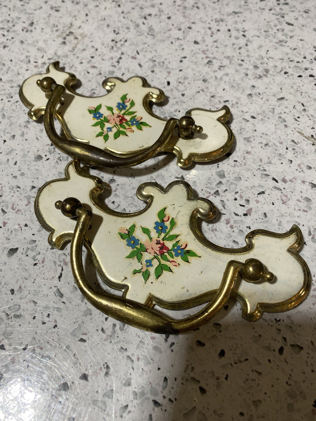 Vintage Chippendale Queen Anne Furniture Bail Pulls Painted Floral Design 2