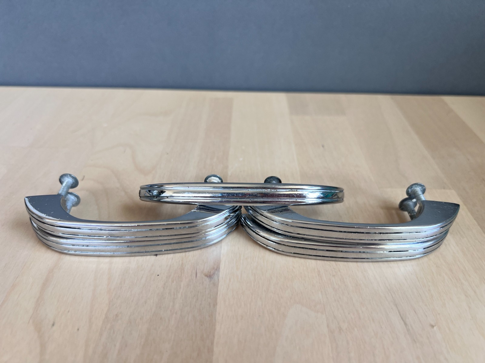 Vintage Mid-Century Art Deco Chrome Cabinet Drawer Pulls 3″ Center Lot of 5