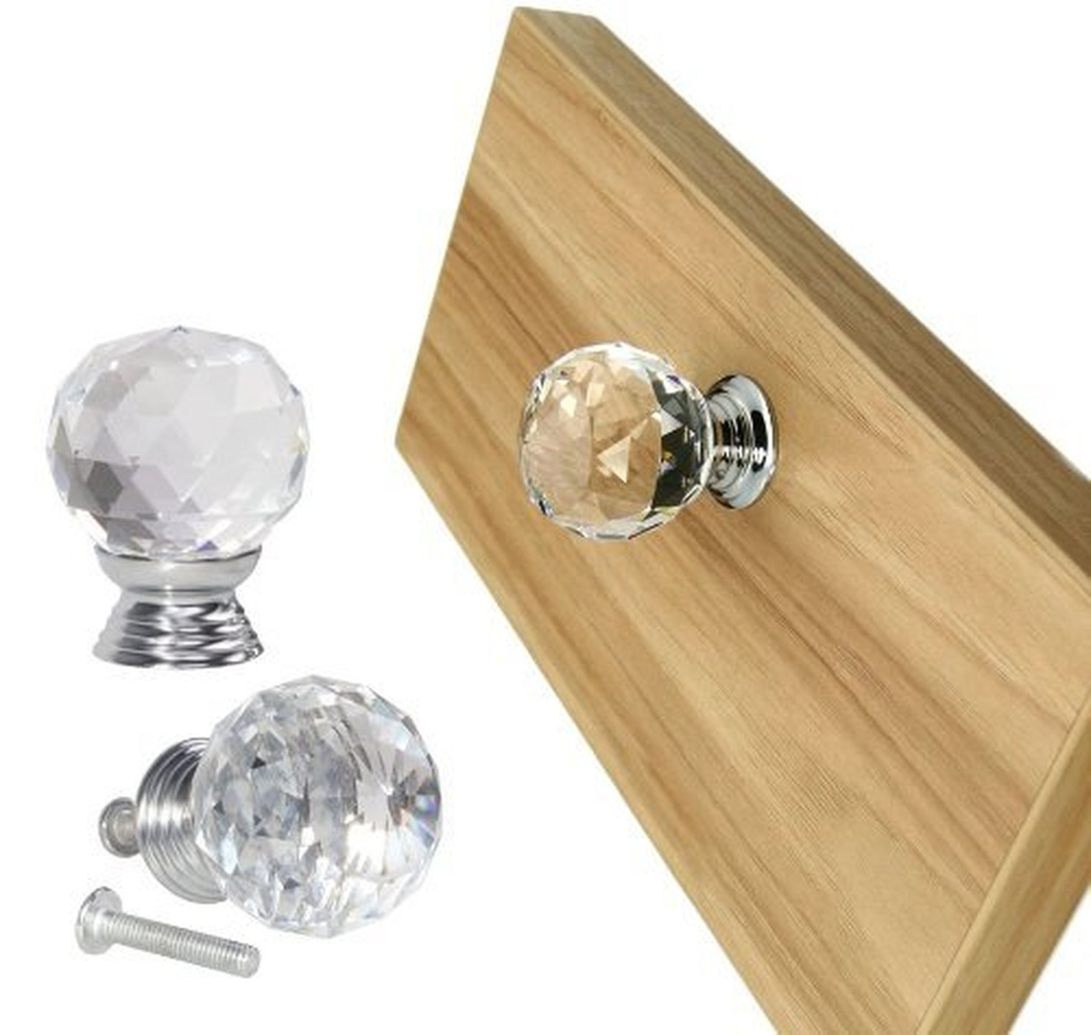 30mm Diameter Clear Crystal Glass Cabinet Knob Chrome Base 12pcs-Pack