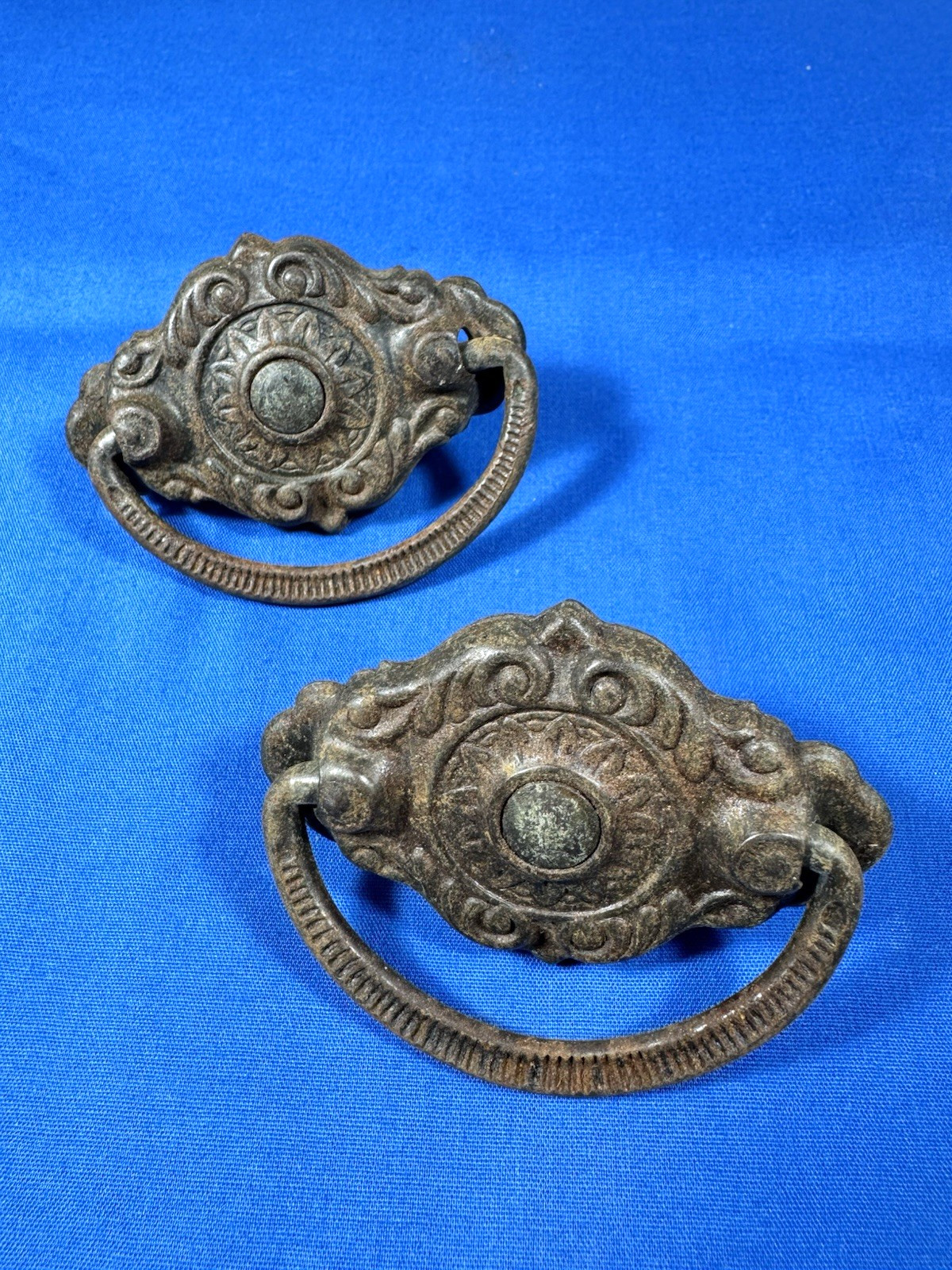 Antique Drawer Pulls w/ Original Screws, Bail Handle ~ Ornate Pressed Design