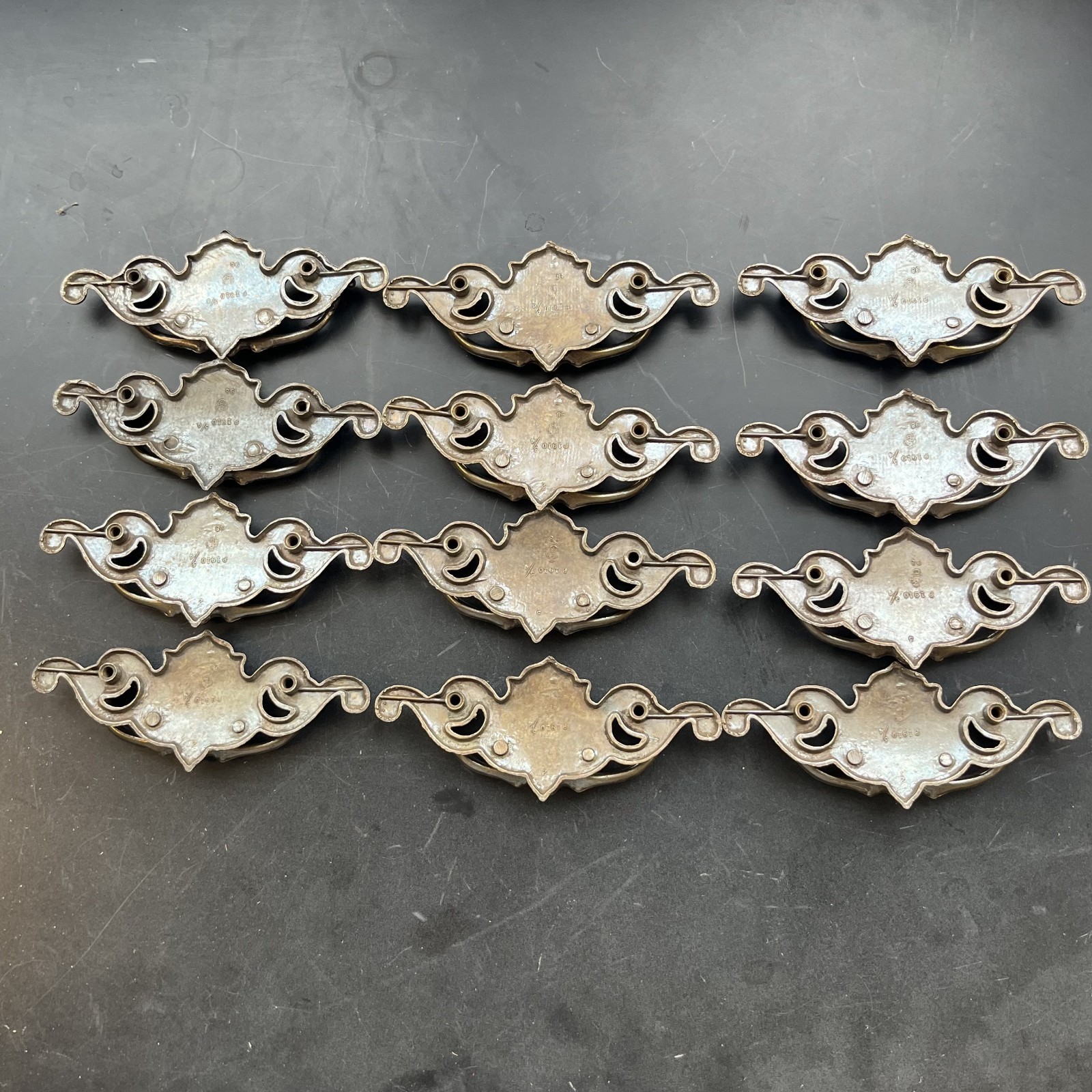 Lot of 12 Chippendale Batwing Brass Drawer Pulls with Handles Attached Salvaged