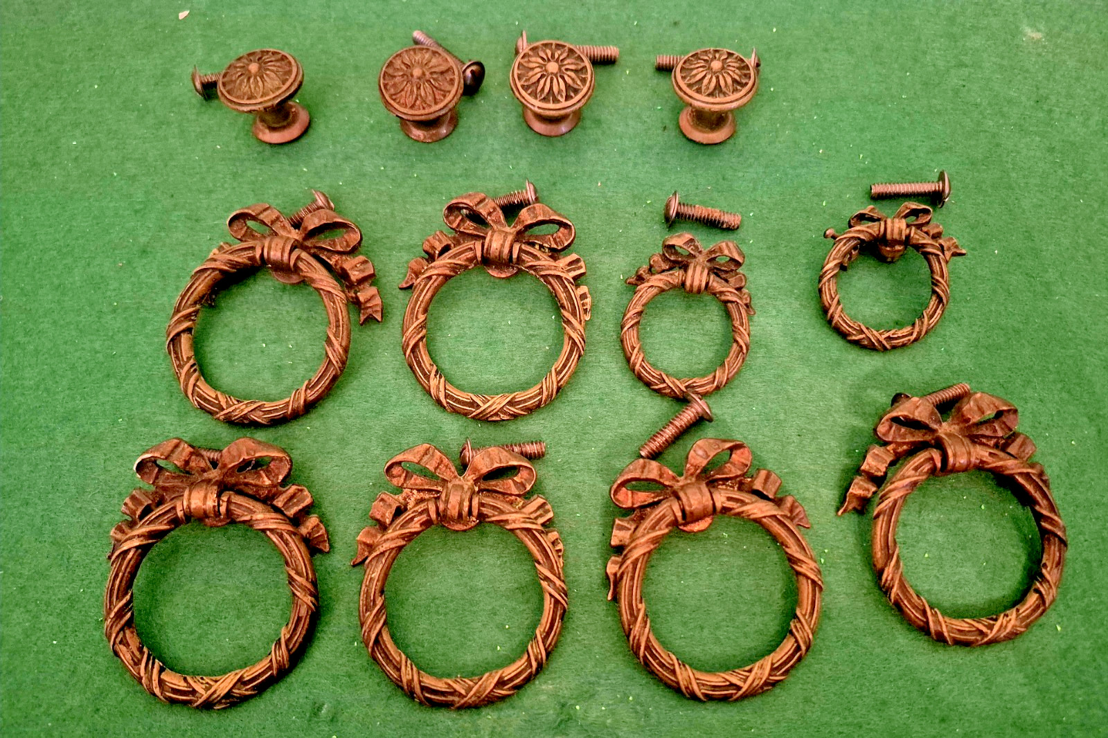 Antique Ribbon And Bow Ornate Bronze Brass Drawer Pull Rings 12 Set Art Nouveau!
