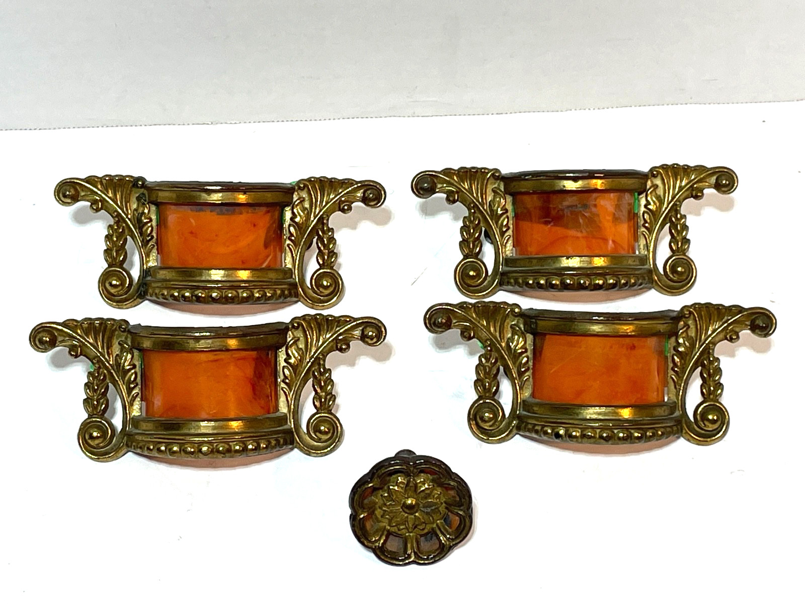 ANTIQUE SET OF FOUR BRASS / BAKELIGHT BUTTERSCOTCH DRESSER HANDLES