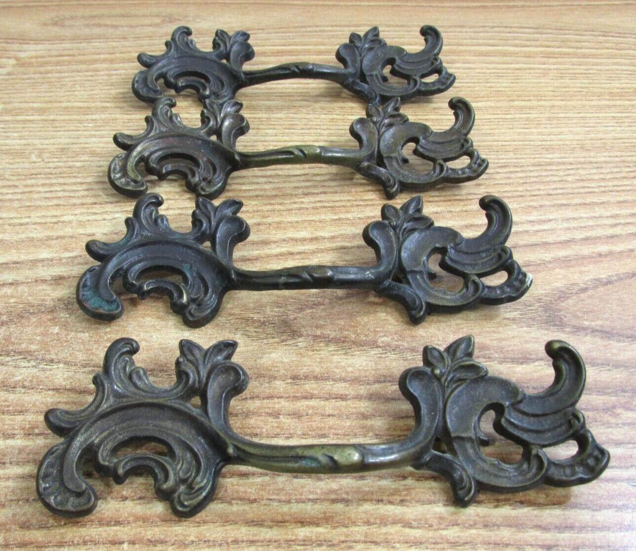 FRENCH PROVINCIAL DRAWER PULLS LOT OF 4 / LEAF (NUMBERED ON BACK “A155”) VINTAGE