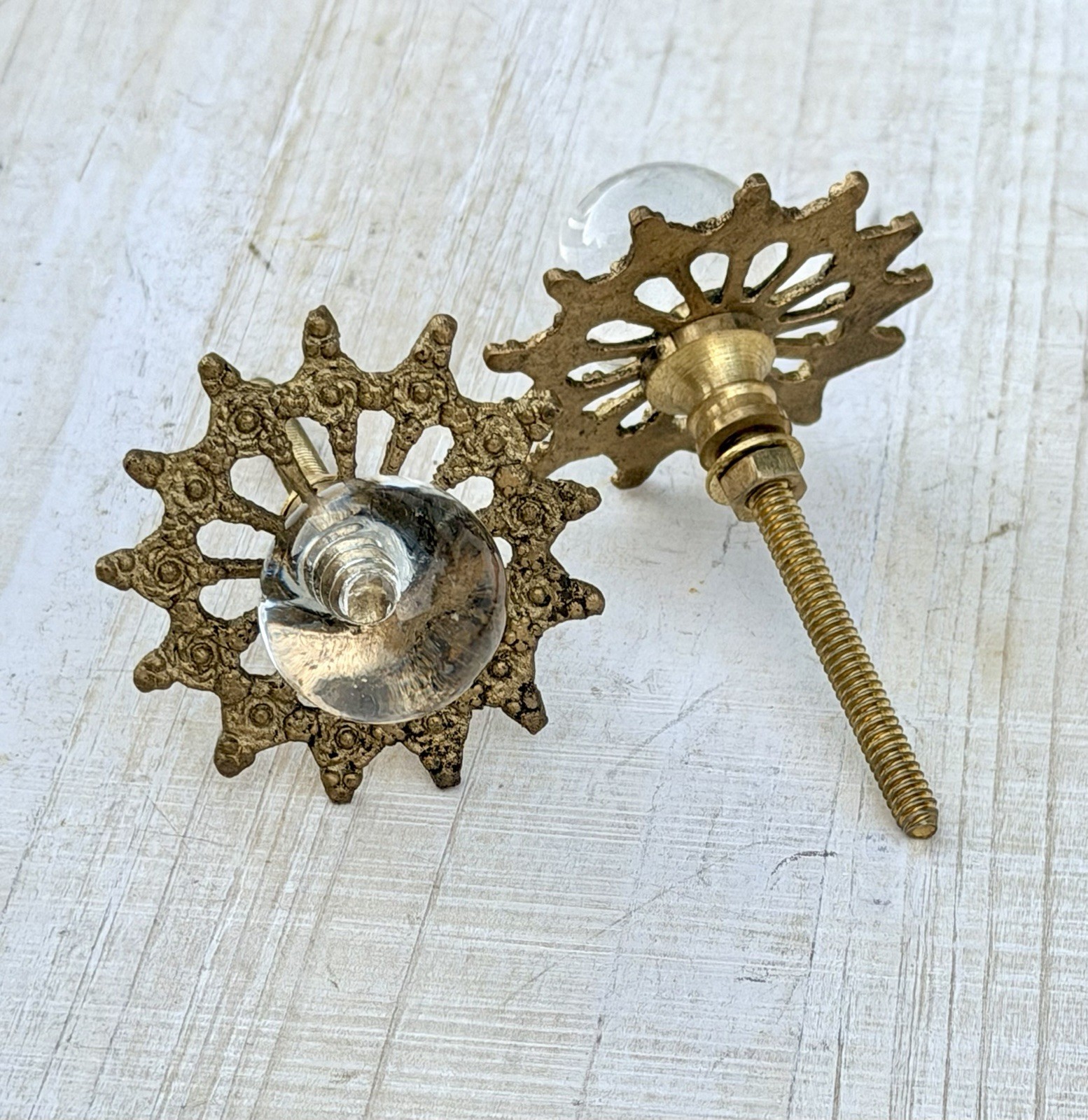4 Antique Glass Drawer Pull Handle Clear Smooth Cabinet Knob Brass Ornate Base
