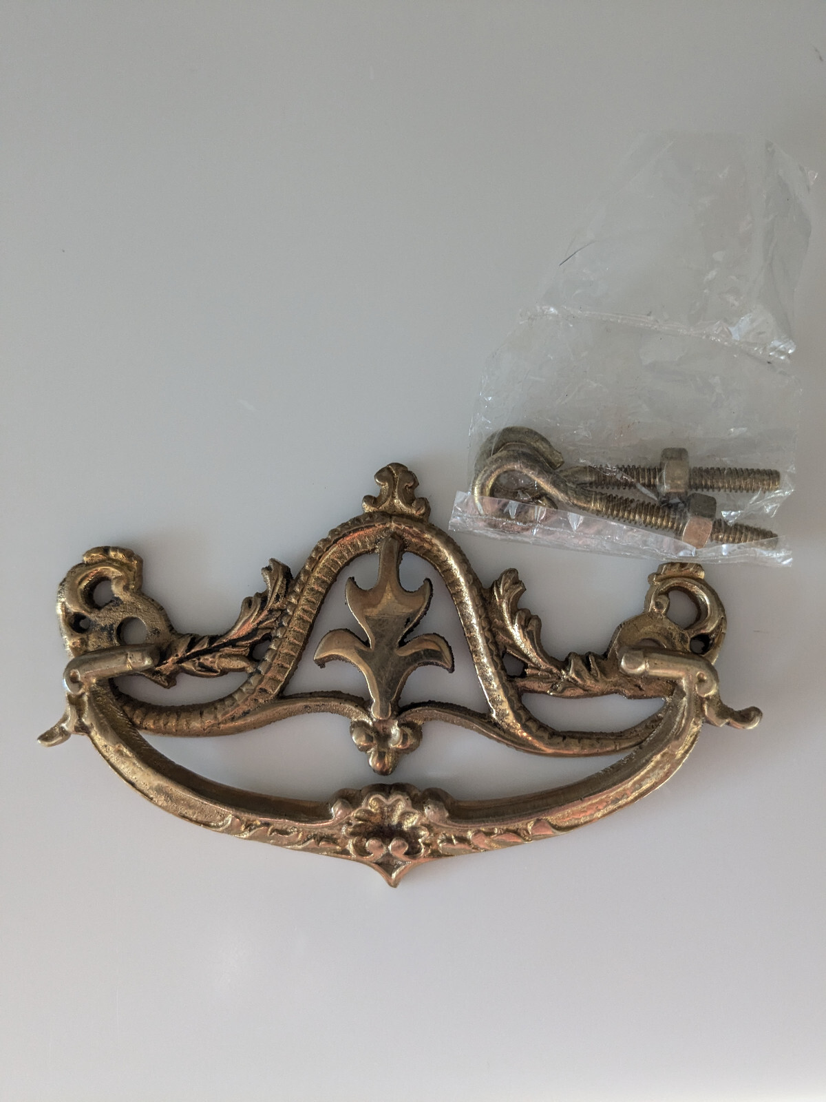 Drop Bail Drawer Pull Solid Brass w/hardware Ornate NOS 3″ center 4.5″wide 1.75T
