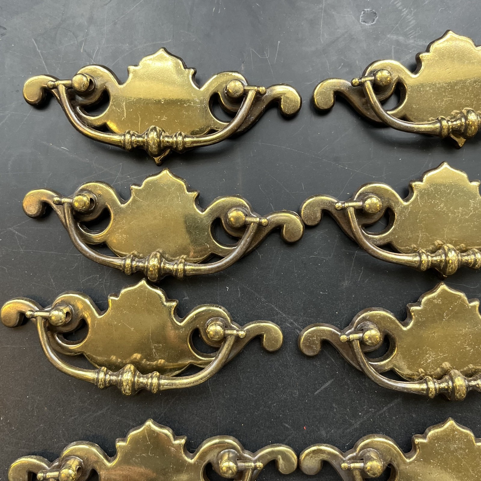 Lot of 12 Chippendale Batwing Brass Drawer Pulls with Handles Attached Salvaged