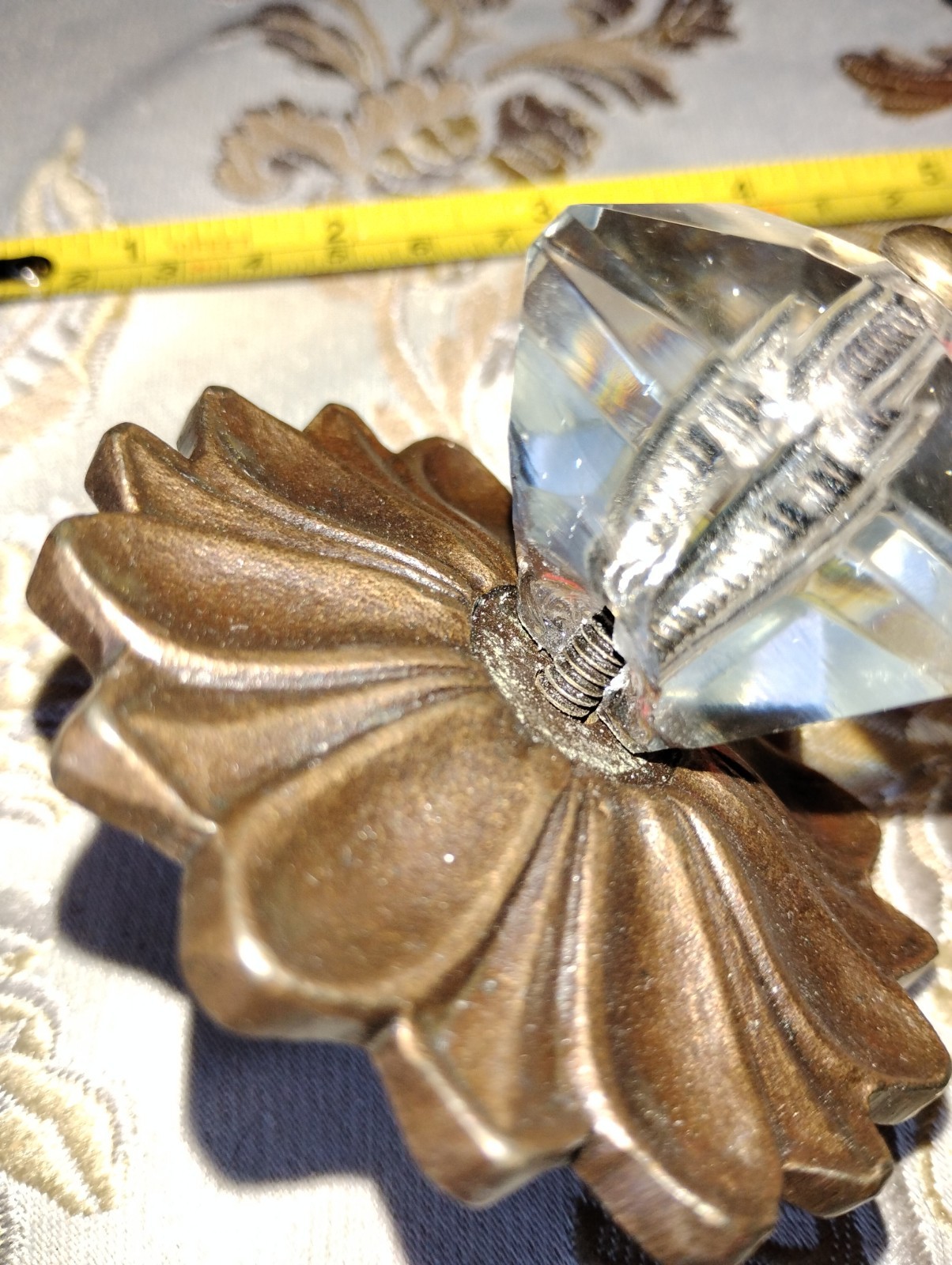 Vintage Hexagonal Clear Glass Knob Brass Floral Rosette Handle Pull READ
