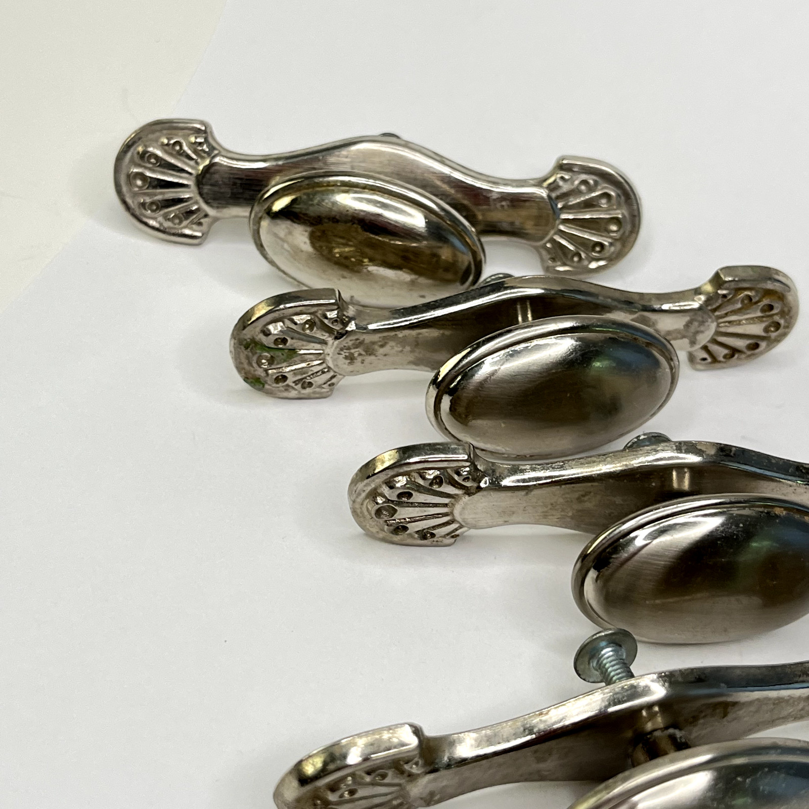 Four Vintage Drawer Pulls Handles Lot of Oval Knobs brushed nickel plate C