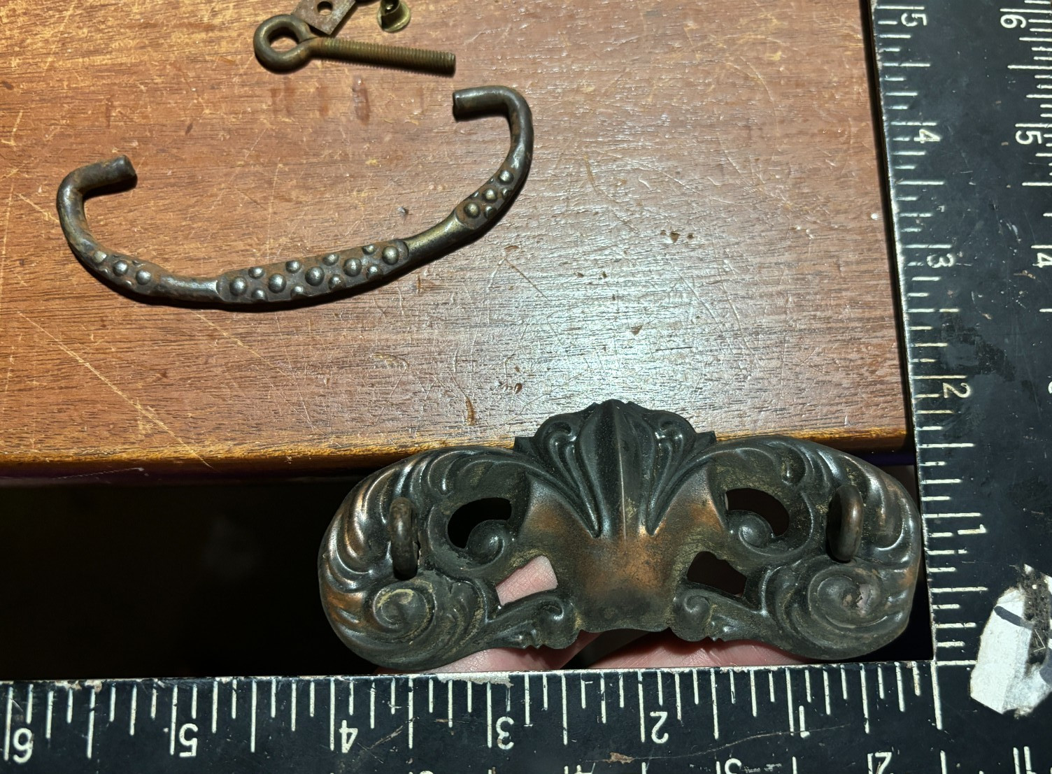 Lot of 9 Mixed Ornate Vintage Pressed Metal Drawer Backplates one with Pull